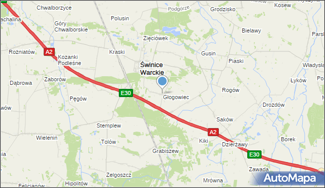 mapa Głogowiec, Głogowiec gmina Świnice Warckie na mapie Targeo